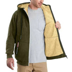 TOMMY fleece zip-up hooded sweatshirt worn by model, lifestyle shot.