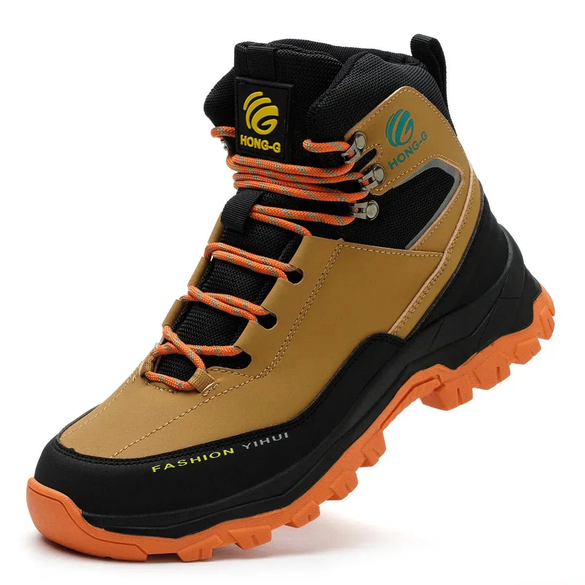 HONG-G work boots size range display showing available sizes from 38 to 46 in green and yellow