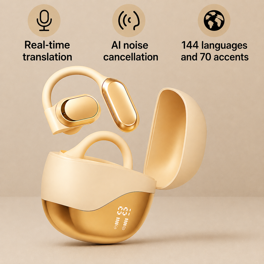 Smart translation earbuds showing comfortable in-ear fit design