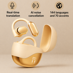 Smart translation earbuds showing comfortable in-ear fit design