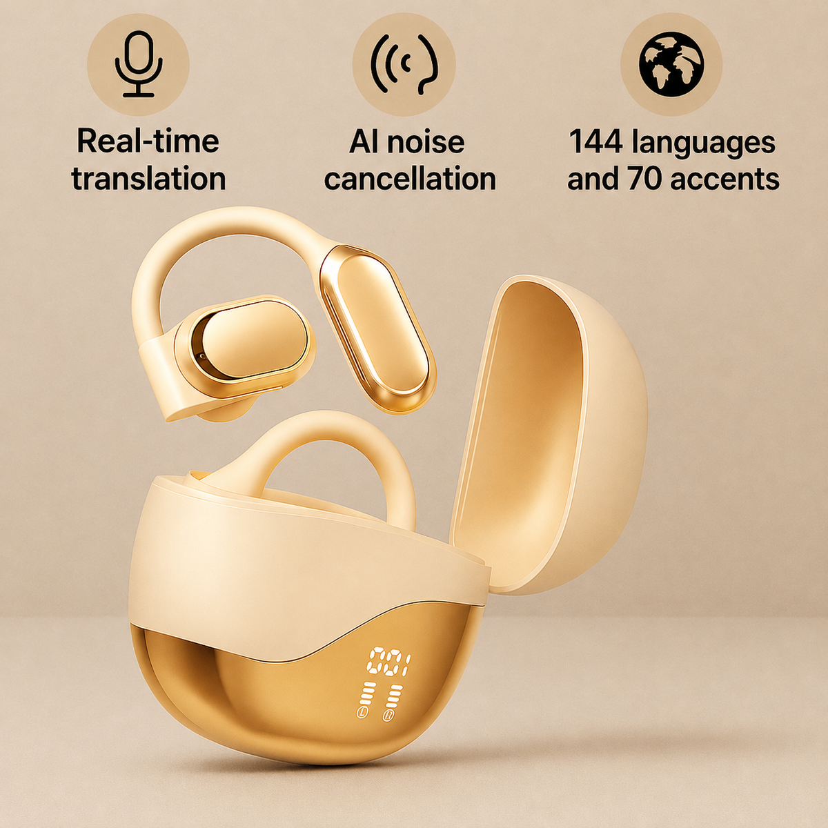 Smart translation earbuds showing comfortable in-ear fit design