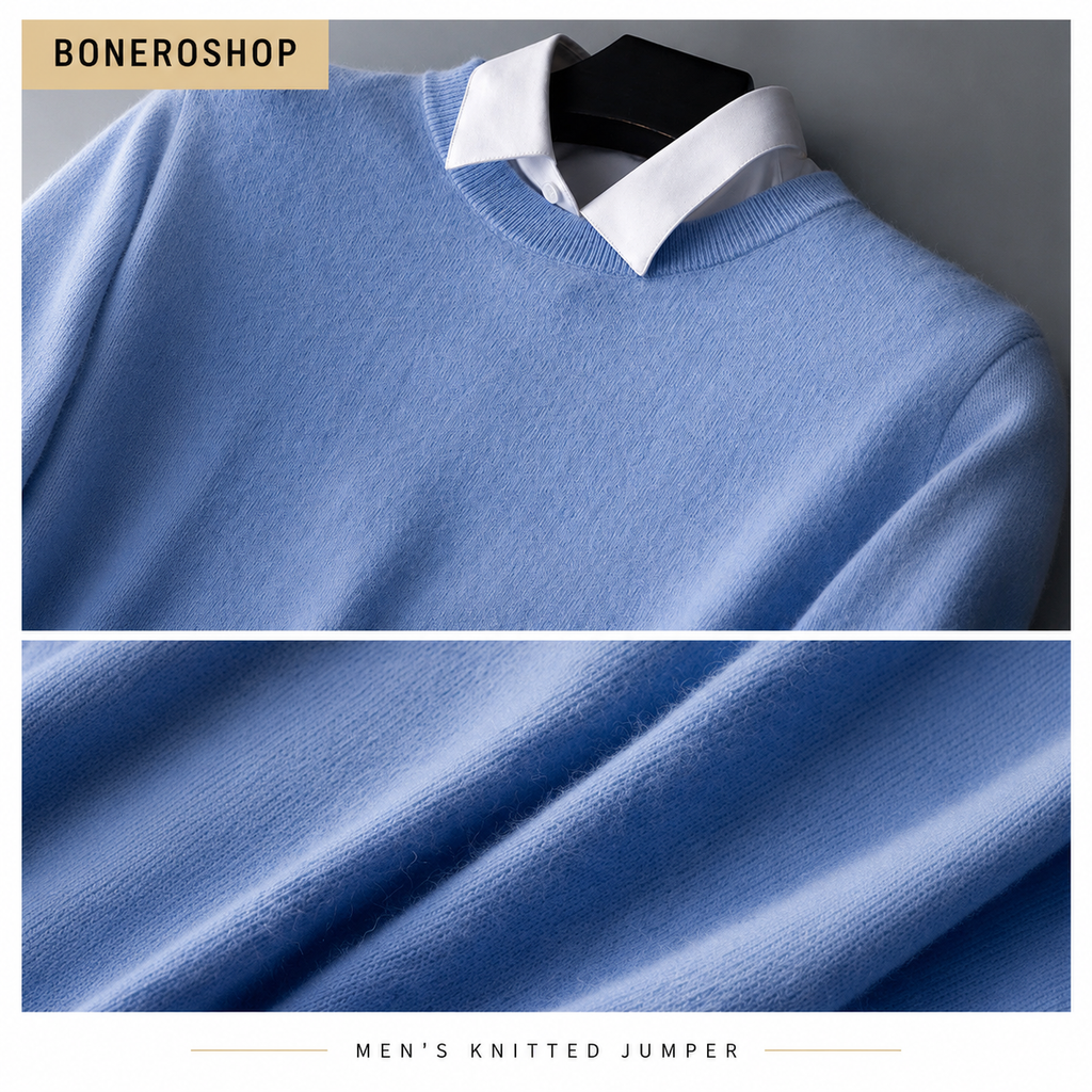 Men's cashmere jumper showing quality stitching and finish details