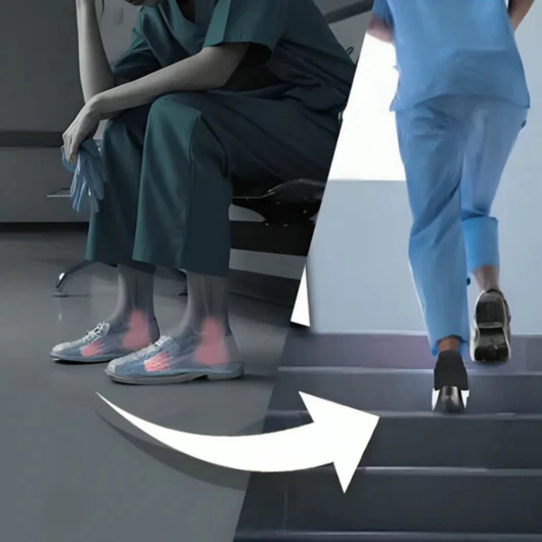 Person with sensitive feet wearing Orthofit trainers, showing relief from foot pain