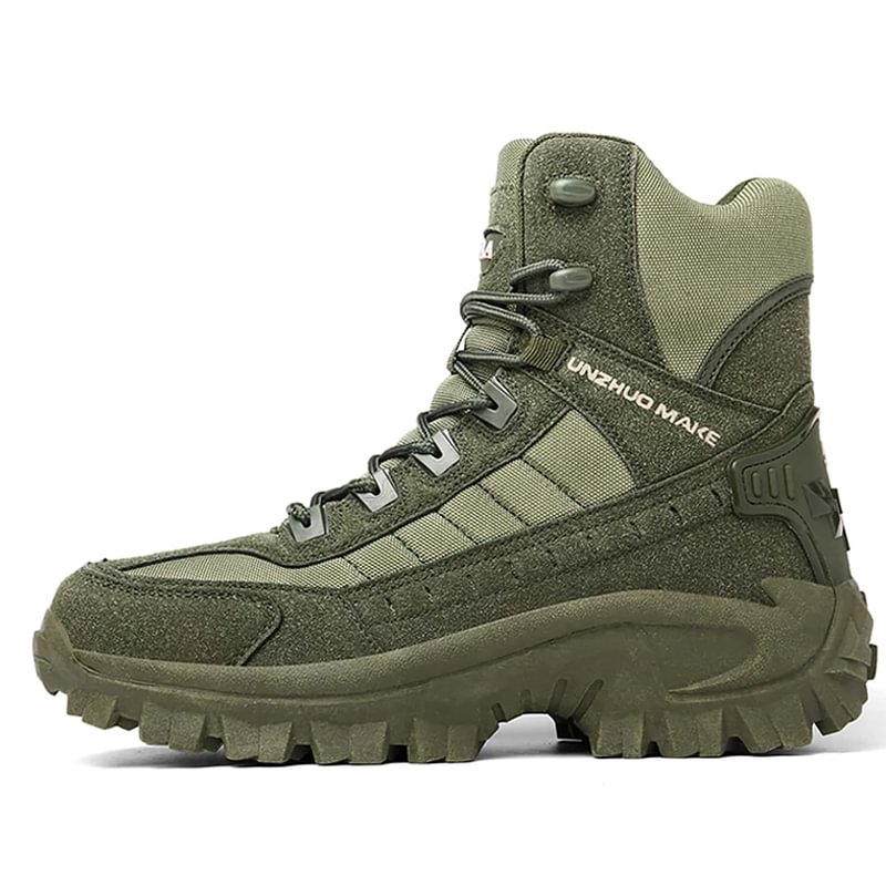 Military boots in green colour option blending with outdoor environments