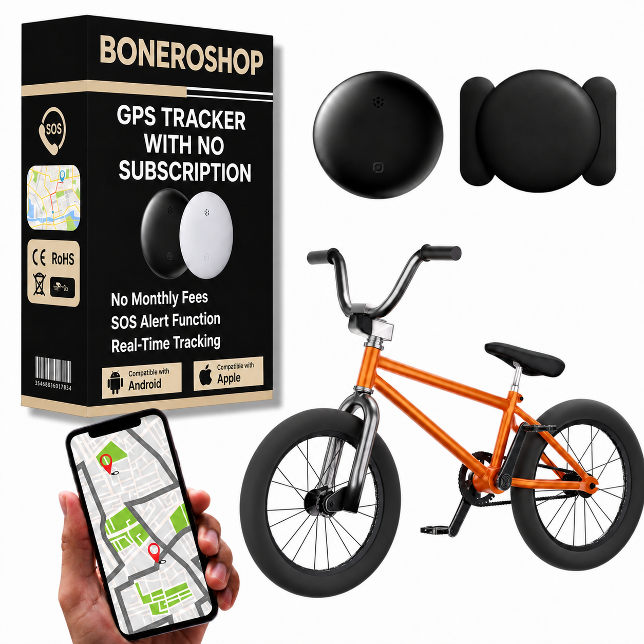 Compact GPS tracker for bicycle compatible with Apple Find My and Google Find My Device applications