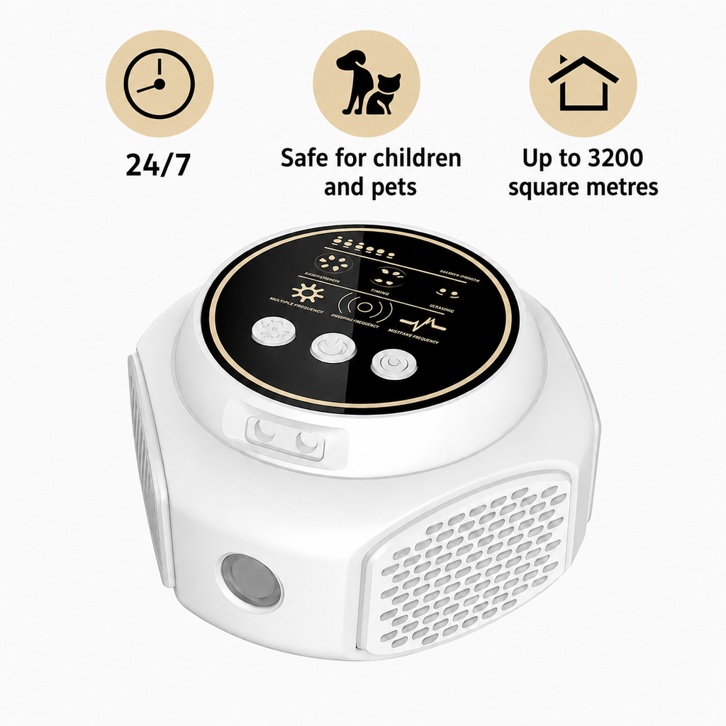 Ultrasonic spider repeller plugged into wall socket in modern home interior.