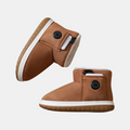 USB heated slippers in brown colour showing temperature control button and soft plush interior