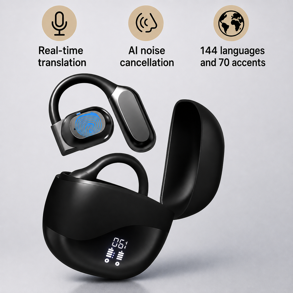 Smart translation earbuds with charging case displaying 144 language support