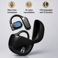 Smart translation earbuds with charging case displaying 144 language support