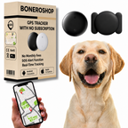 Subscription-free GPS pet tracker attached to a dog collar, compatible with Apple and Android Find My networks.
