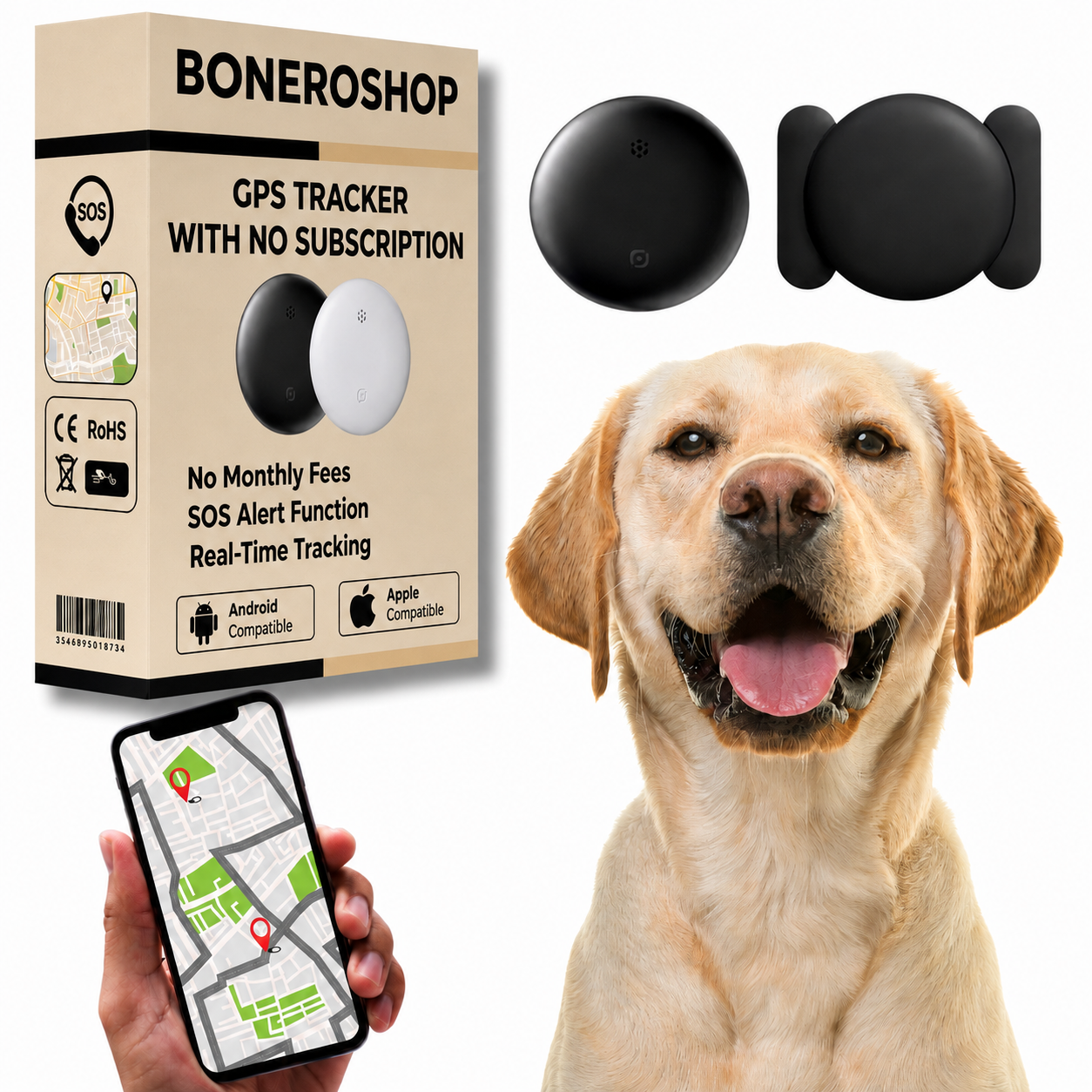 Subscription-free GPS pet tracker attached to a dog collar, compatible with Apple and Android Find My networks.