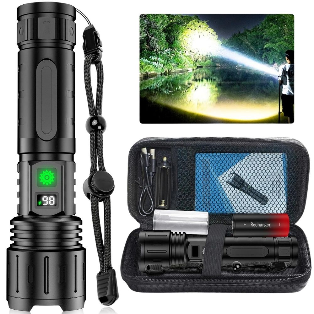 Ultra-bright tactical torch displaying 100,000 lumens and LCD battery percentage indicator