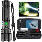 Ultra-bright tactical torch displaying 100,000 lumens and LCD battery percentage indicator