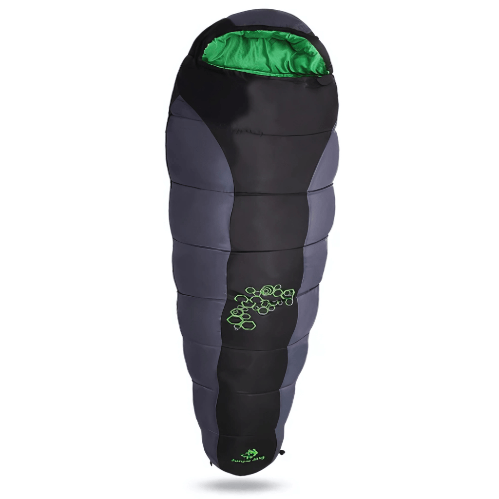 Extreme cold sleeping bag -15°C in mummy shape with integrated hood, shown in black and red colour options