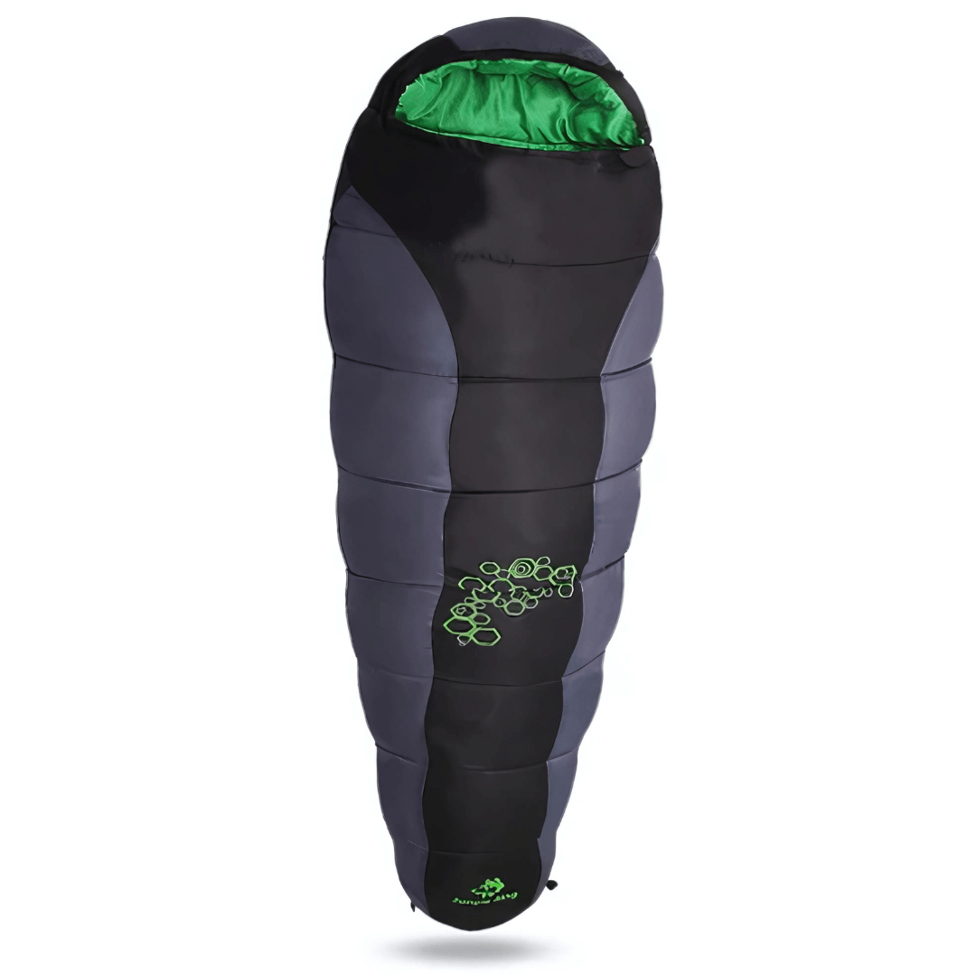 Extreme cold sleeping bag -15°C in mummy shape with integrated hood, shown in black and red colour options