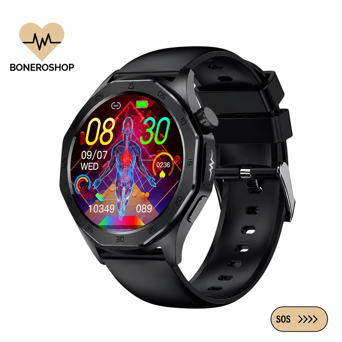 Safety CarePro smartwatch displaying health monitoring features on wrist