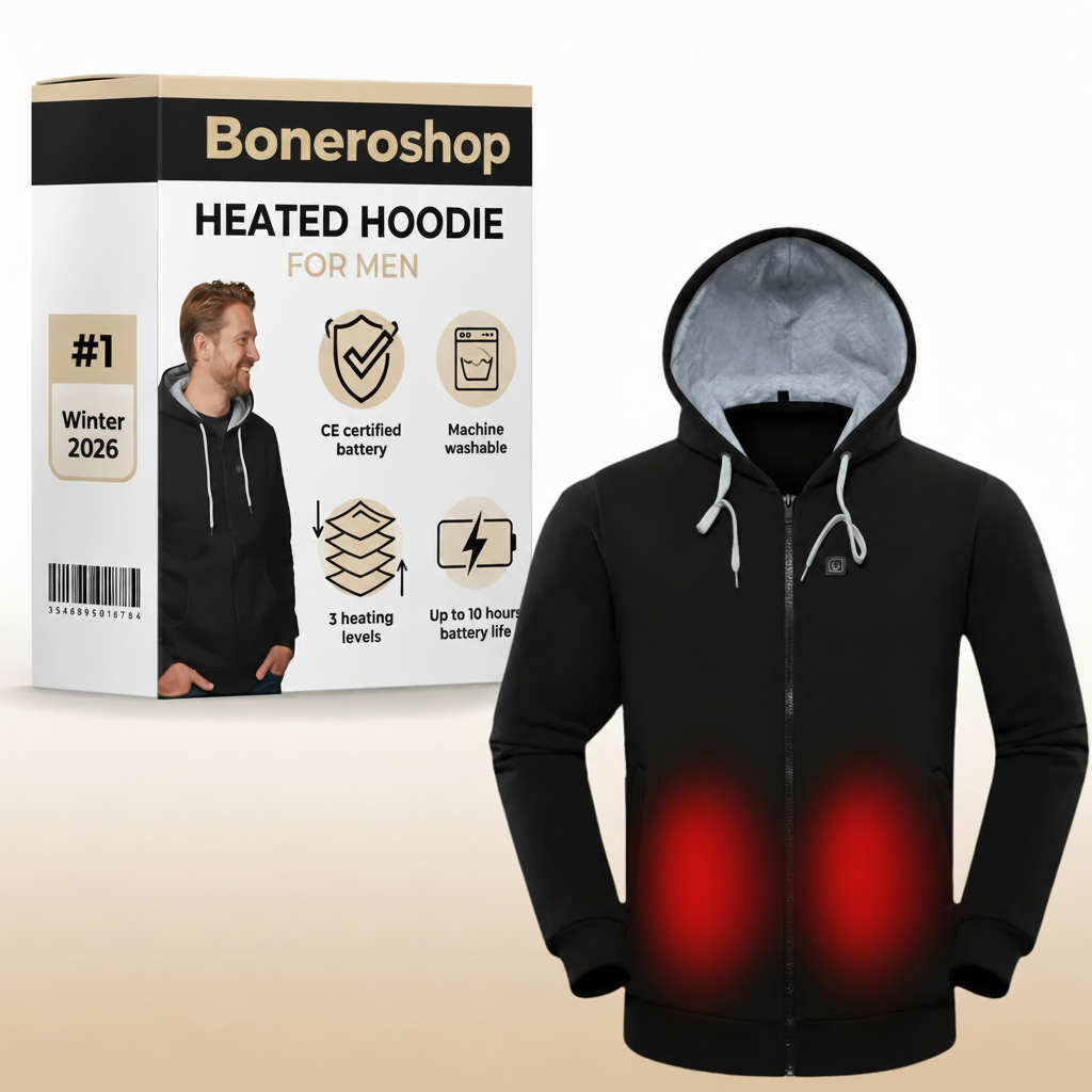 Boneroshop X Heated Hoodie shown in black with heating zones highlighted