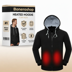 Boneroshop X Heated Hoodie shown in black with heating zones highlighted