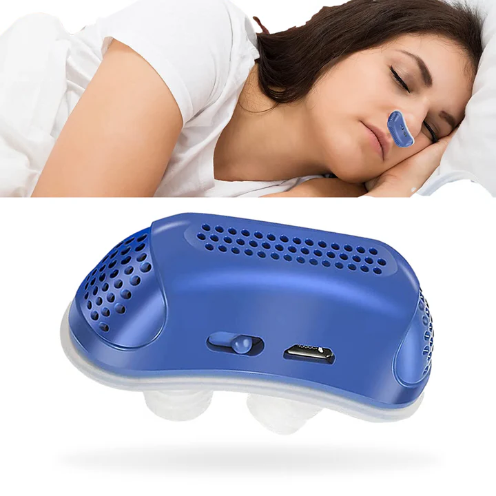 Portable micro CPAP anti-snoring device with soft nasal plugs and compact storage case