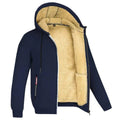 TOMMY fleece zip-up hooded sweatshirt in navy blue, front view.