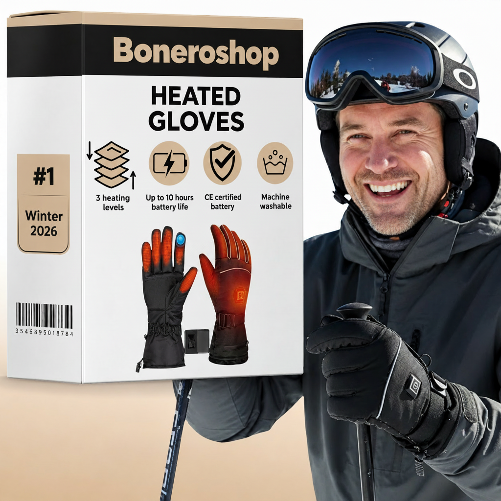 Boneroshop X Heated Gloves shown in black with battery compartment visible