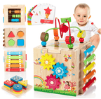 MINDBLOX 8-in-1 Montessori wooden educational activity cube showing multiple learning activities for children
