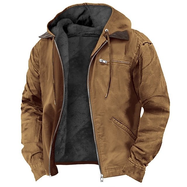 Stylish Outdoor Jacket Atlas in vintage design, front view showing zip fastening and hood