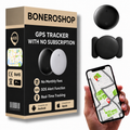No-subscription GPS vehicle tracker displayed beside smartphone showing Find My app interface