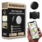 No-subscription GPS vehicle tracker displayed beside smartphone showing Find My app interface