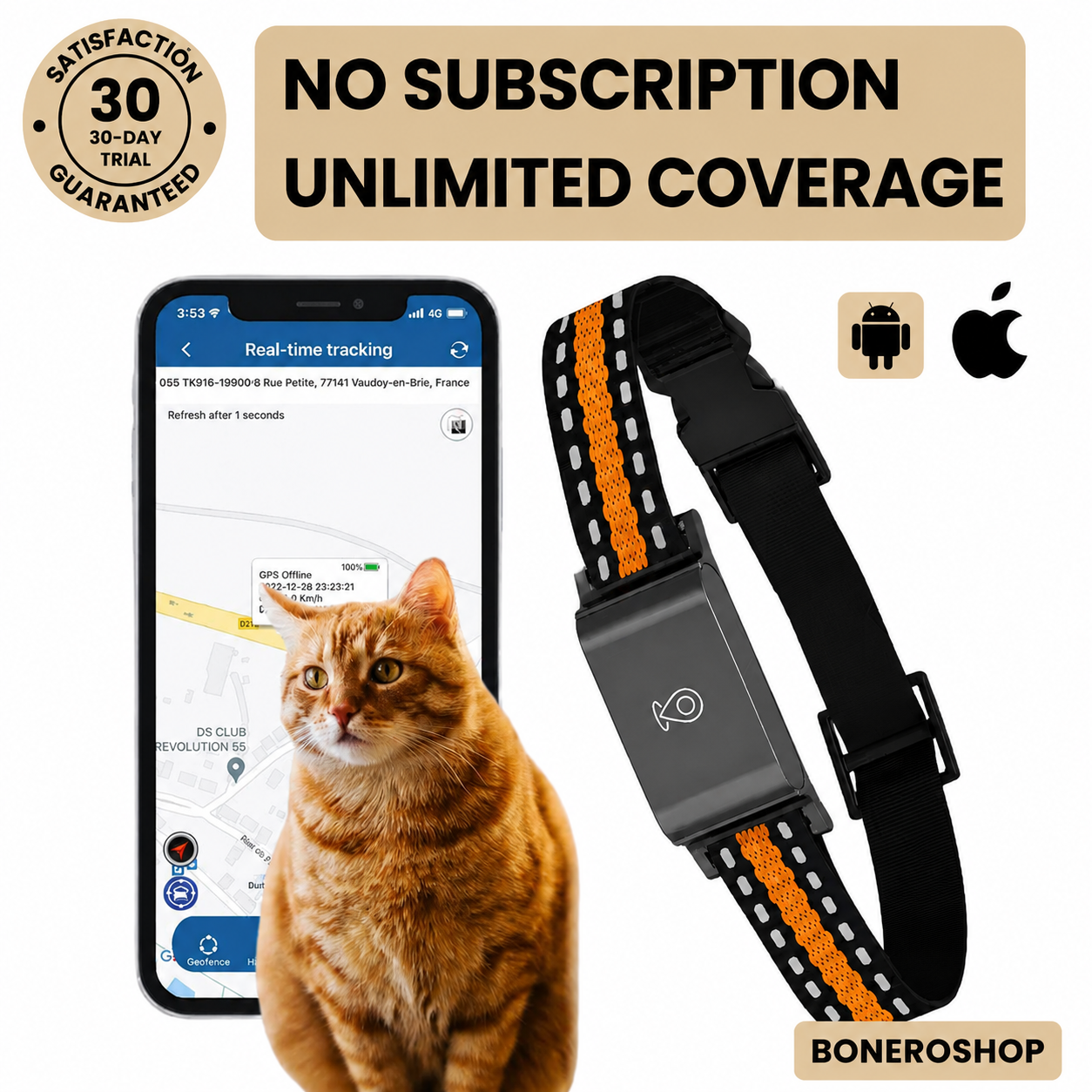 GPS tracking collar for dogs and cats displaying live location on mobile phone with global coverage