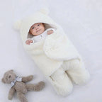 BONEROSHOP Baby Sleeping Bag with teddy bear ears in grey, showing soft fleece material and adjustable Velcro fastening.