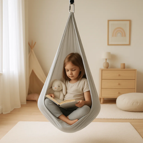 Therapeutic sensory swing for autism in pink, hanging indoors for calming support.