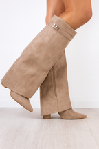 Women's premium leather knee-high boots with block heel in beige suede, showing elegant fold-over detail.