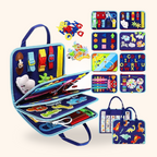 Montessori Toys for Toddlers busy board with colourful activities for learning through play