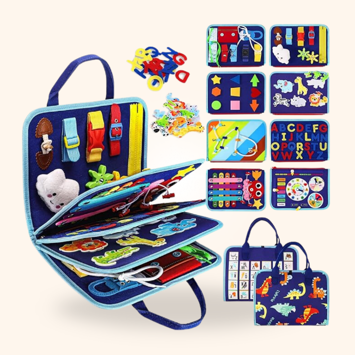 Montessori Toys for Toddlers busy board with colourful activities for learning through play