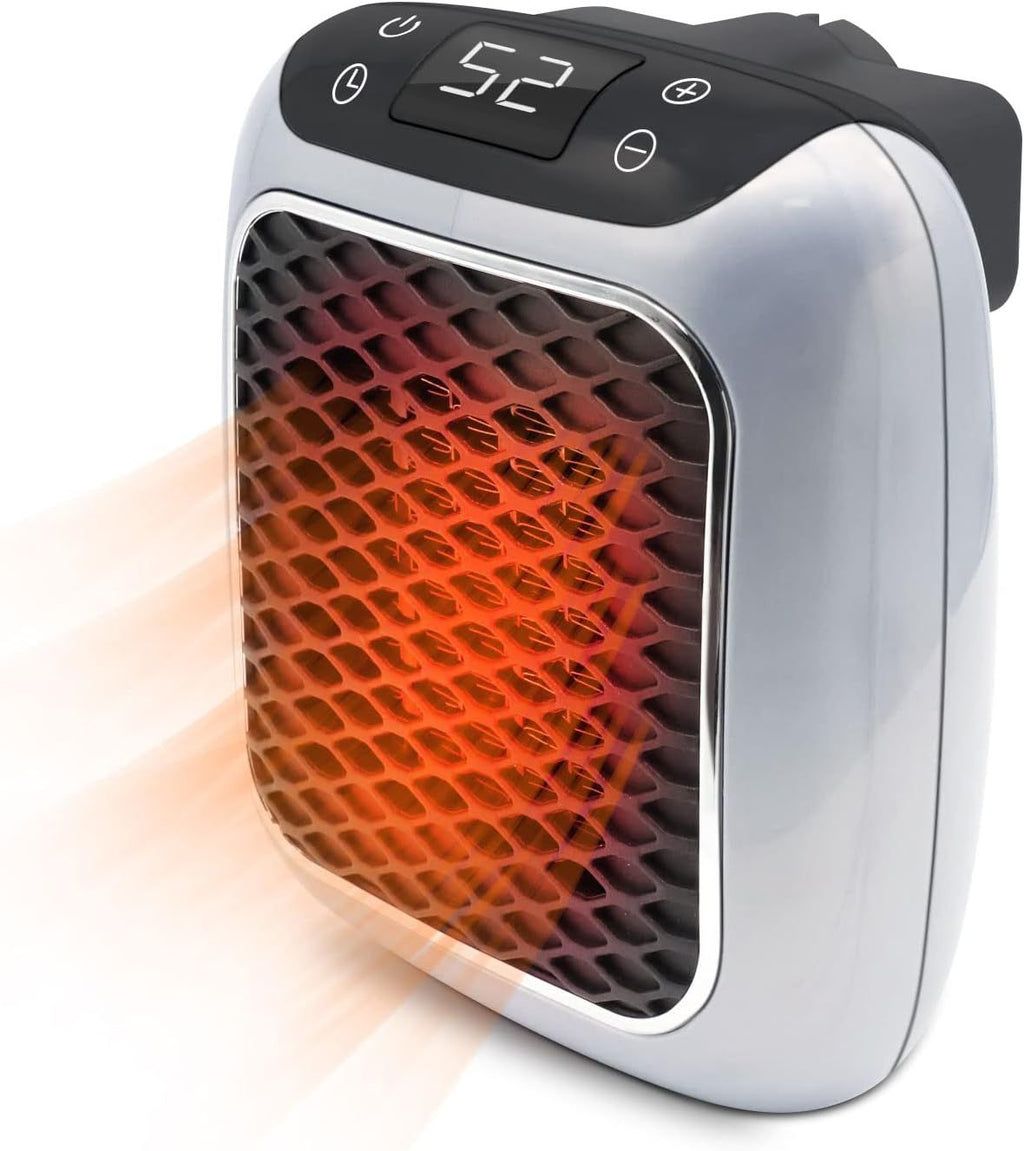 BONEROSHOP portable electric heater plugged into wall socket with LED display showing temperature