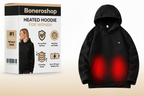 Boneroshop X Heated Hoodie in black, front view showing comfortable fit and discreet heating control button