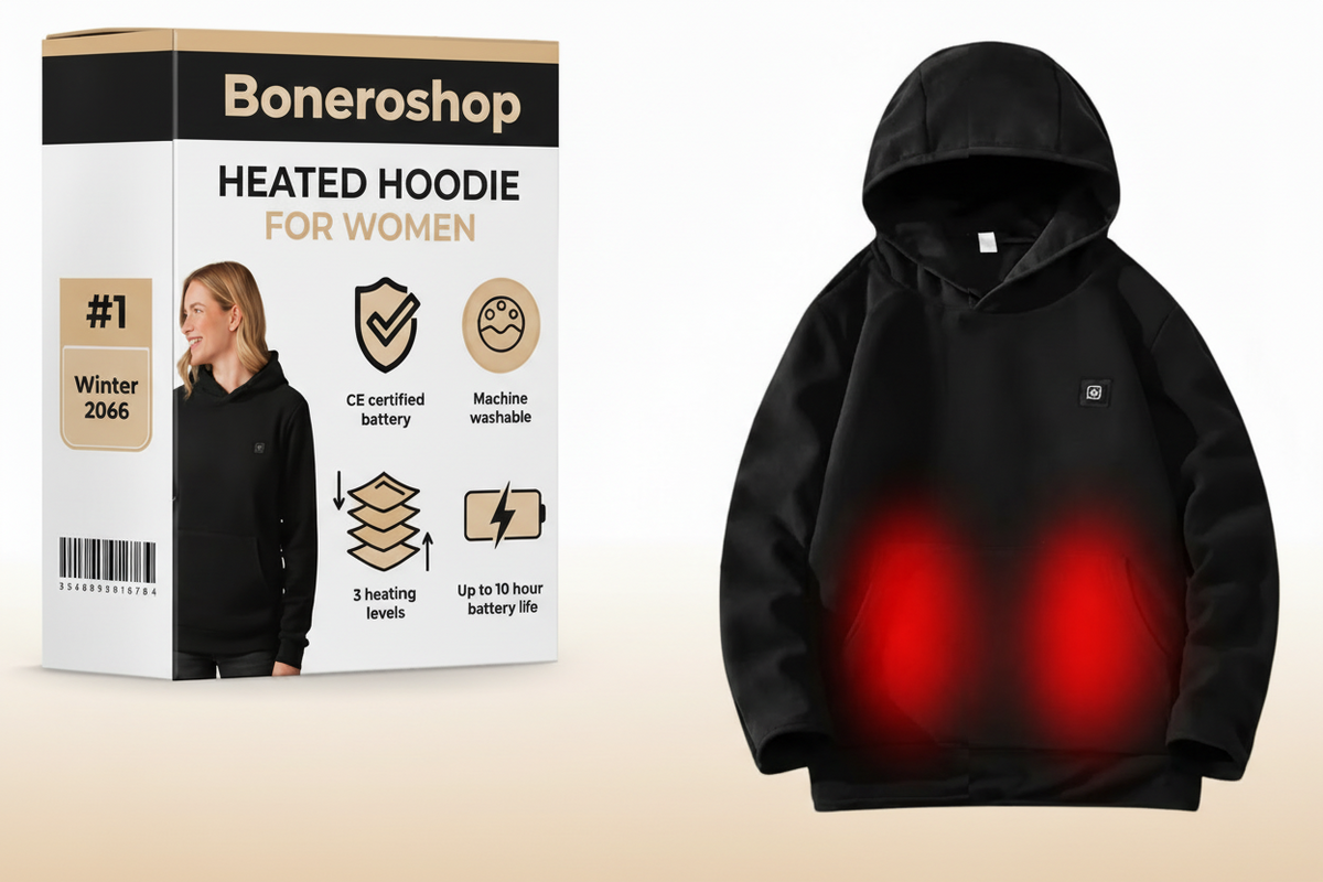 Boneroshop X Heated Hoodie in black, front view showing comfortable fit and discreet heating control button