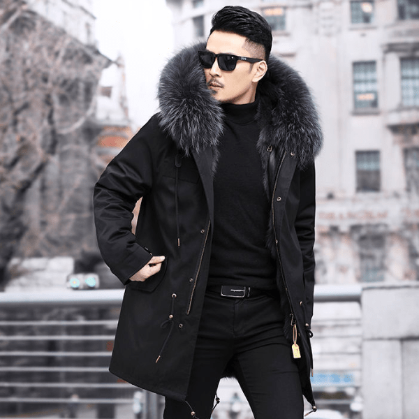 Olivier men's winter parka with faux fur collar in black, front view