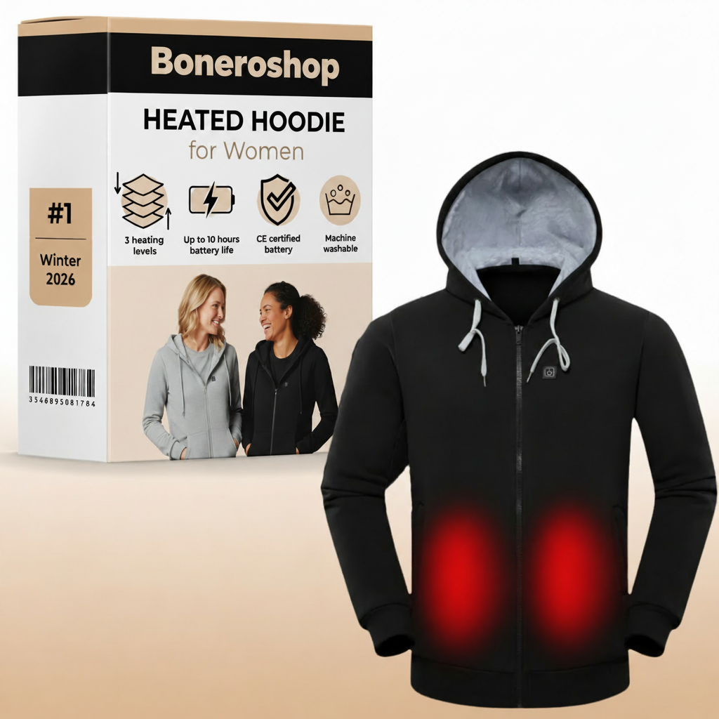Boneroshop X Heated Hoodie shown in black with person wearing it outdoors