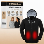 Boneroshop X Heated Hoodie shown in black with person wearing it outdoors