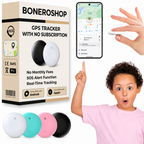 Compact white children's GPS tracker shown with child's rucksack in the background