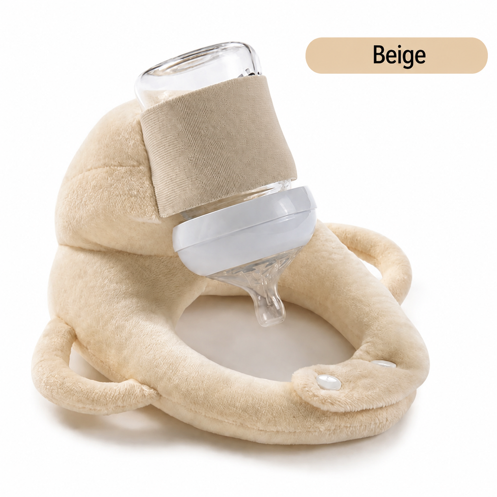 Self-feeding baby bottle cushion in beige velvet supporting an infant during a feed