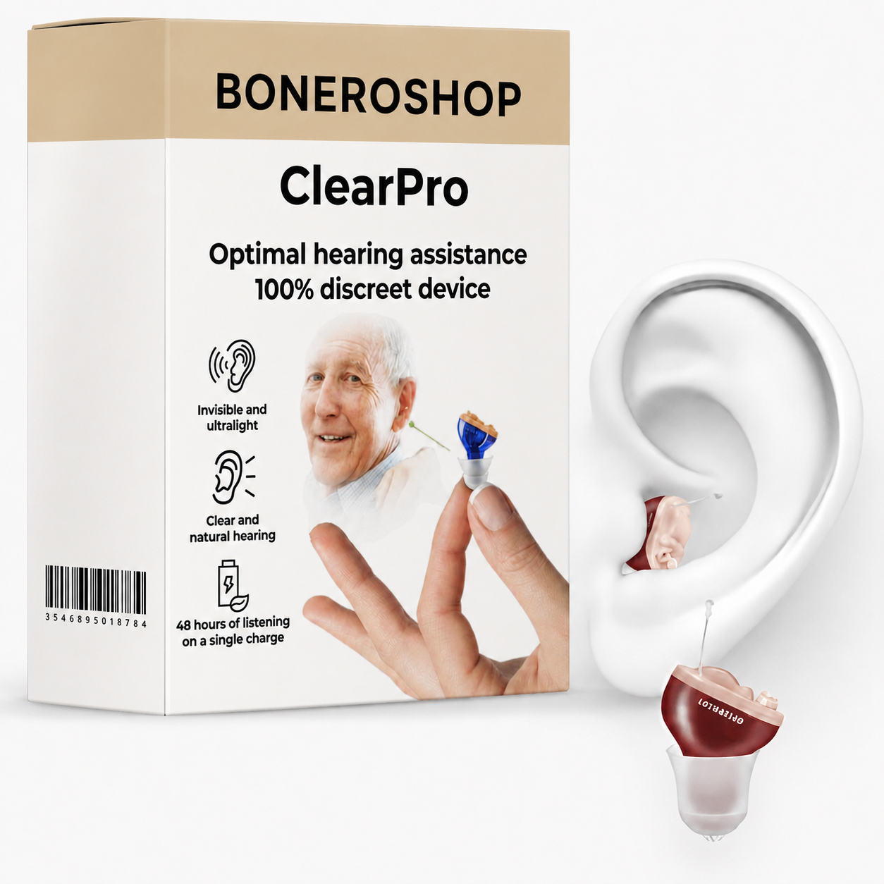 ClearPro invisible hearing aid worn discreetly in ear for enhanced natural hearing