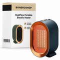 HeatFlow portable electric heater in emerald green with copper accents, compact ceramic design for personal heating