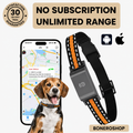 No-subscription GPS dog collar showing adjustable strap and compact tracking unit attached