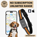 No-subscription GPS dog collar showing adjustable strap and compact tracking unit attached