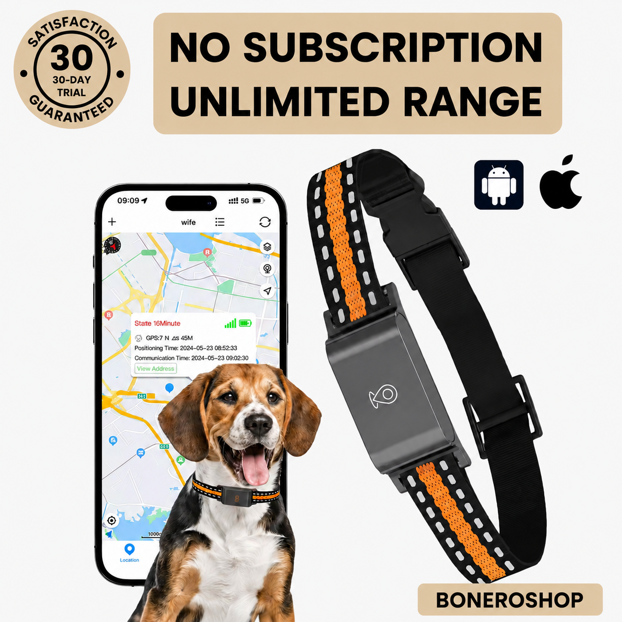 No-subscription GPS dog collar showing adjustable strap and compact tracking unit attached