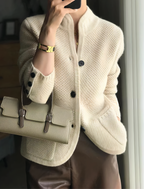 Women's cashmere button-up cardigan in elegant style, available in beige, caramel and blue