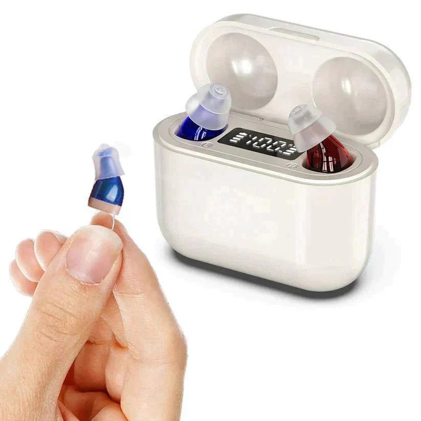 ClearPro rechargeable discreet hearing amplifier with portable charging case
